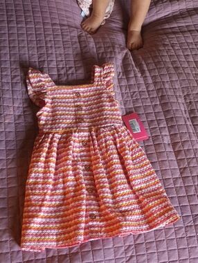 Girls' Pink & Orange Striped Ruffle Sleeve Dress - Brand